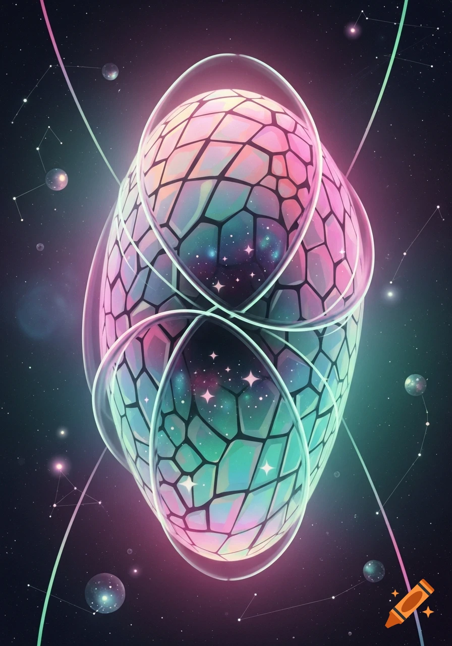 Vibrant iridescent geometric object glowing in a starry deep space with constellations, abstract digital art.