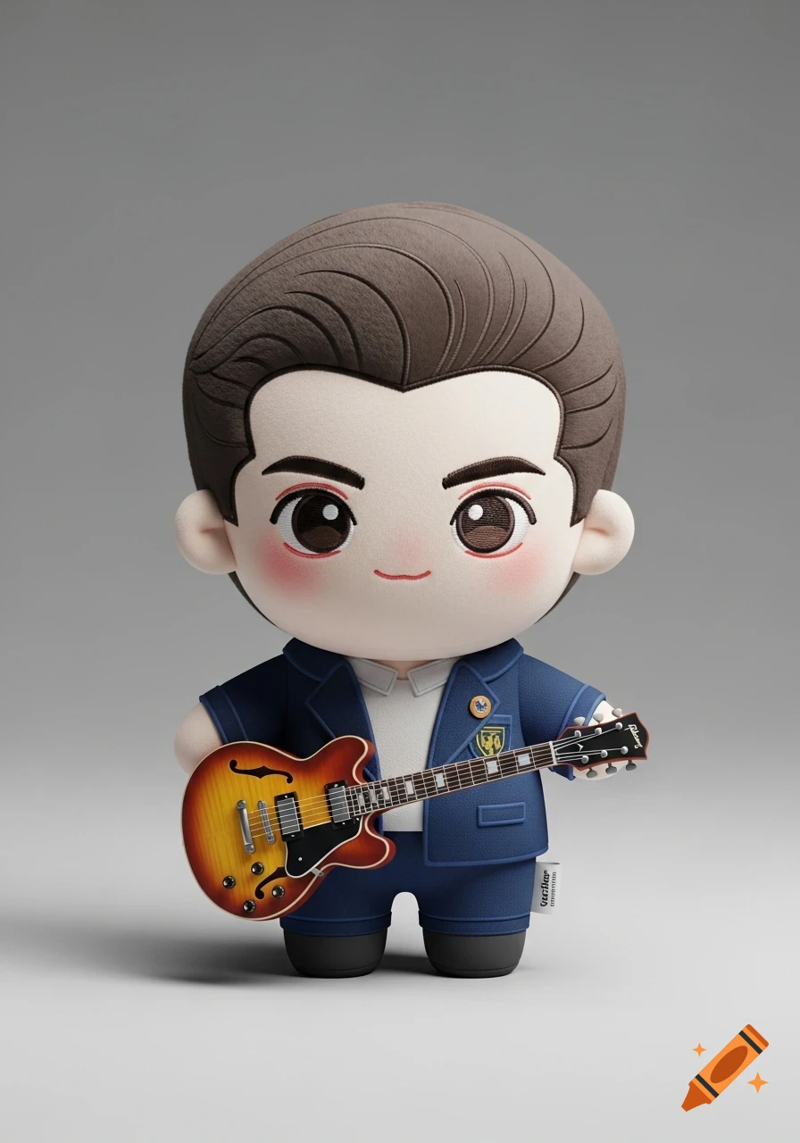 A cute chibi plush doll with short brown hair, wearing a blue suit and white shirt, holding a vintage-style sunburst electric guitar.