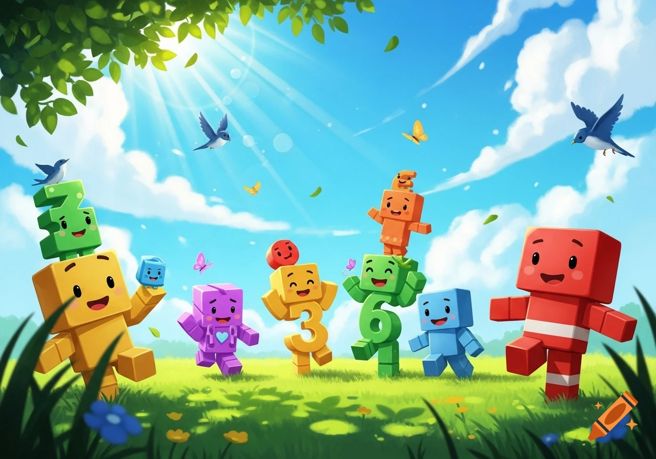 Colorful blocky characters, some shaped like numbers, play in a bright, sunny field with birds and butterflies in a cartoon style.