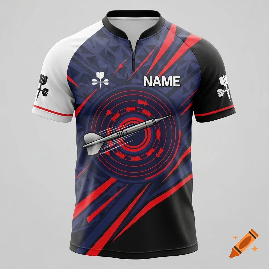 A graphic design of a darts player's jersey featuring a dart flying towards a red target, abstract patterns, and 'NAME' on the chest.