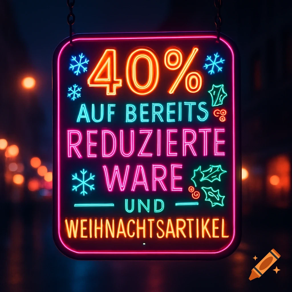 A vibrant neon sign advertising '40% off already reduced merchandise and Christmas items' with snowflakes and holly, against a blurry dark background.