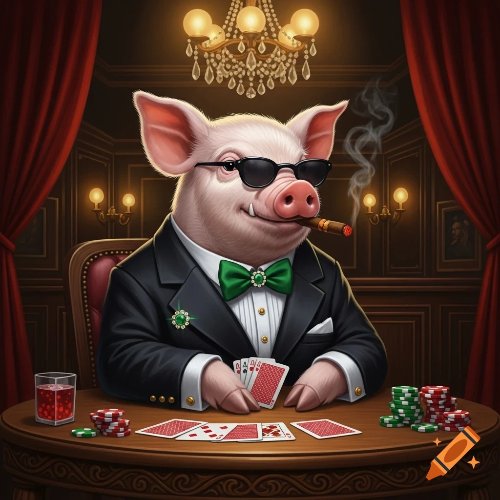 A pig in a tuxedo and sunglasses, smoking a cigar, sits at a poker table with cards and chips in an elegant room.