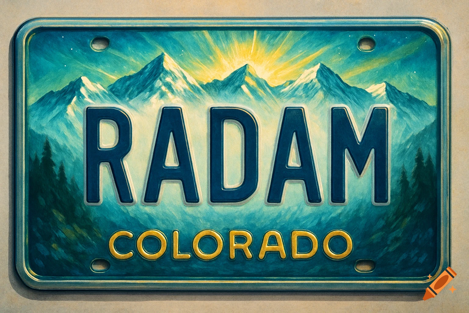 A stylized Colorado license plate with snow-capped mountains and sun rays, featuring the word 'RADAM' in blue and 'COLORADO' in gold.