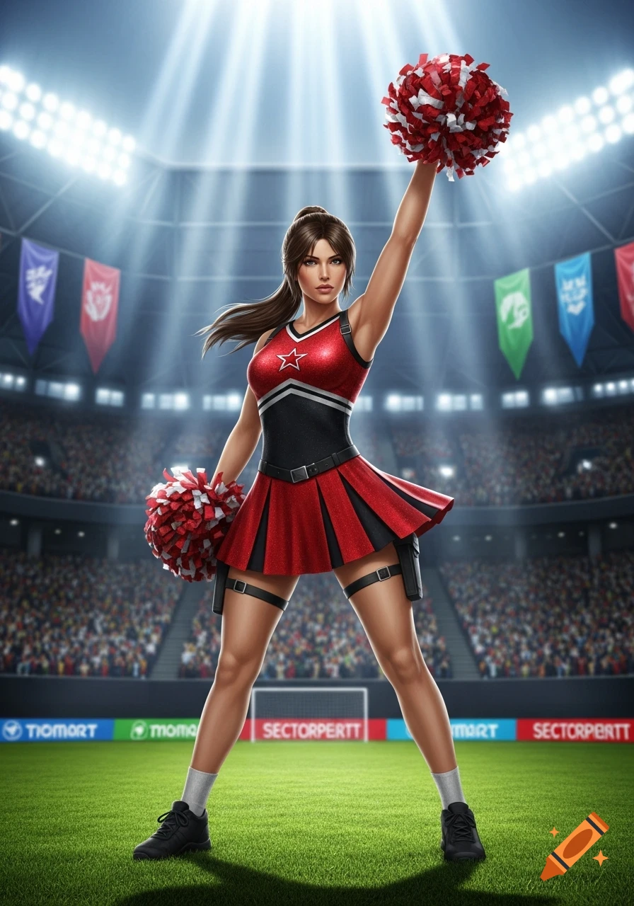 A strong female cheerleader in a red and black uniform with pom-poms stands confidently in a brightly lit stadium.
