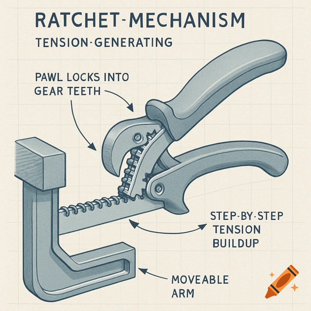 A stylized technical diagram of a ratchet mechanism with labeled parts like pawl, gear teeth, and moveable arm.
