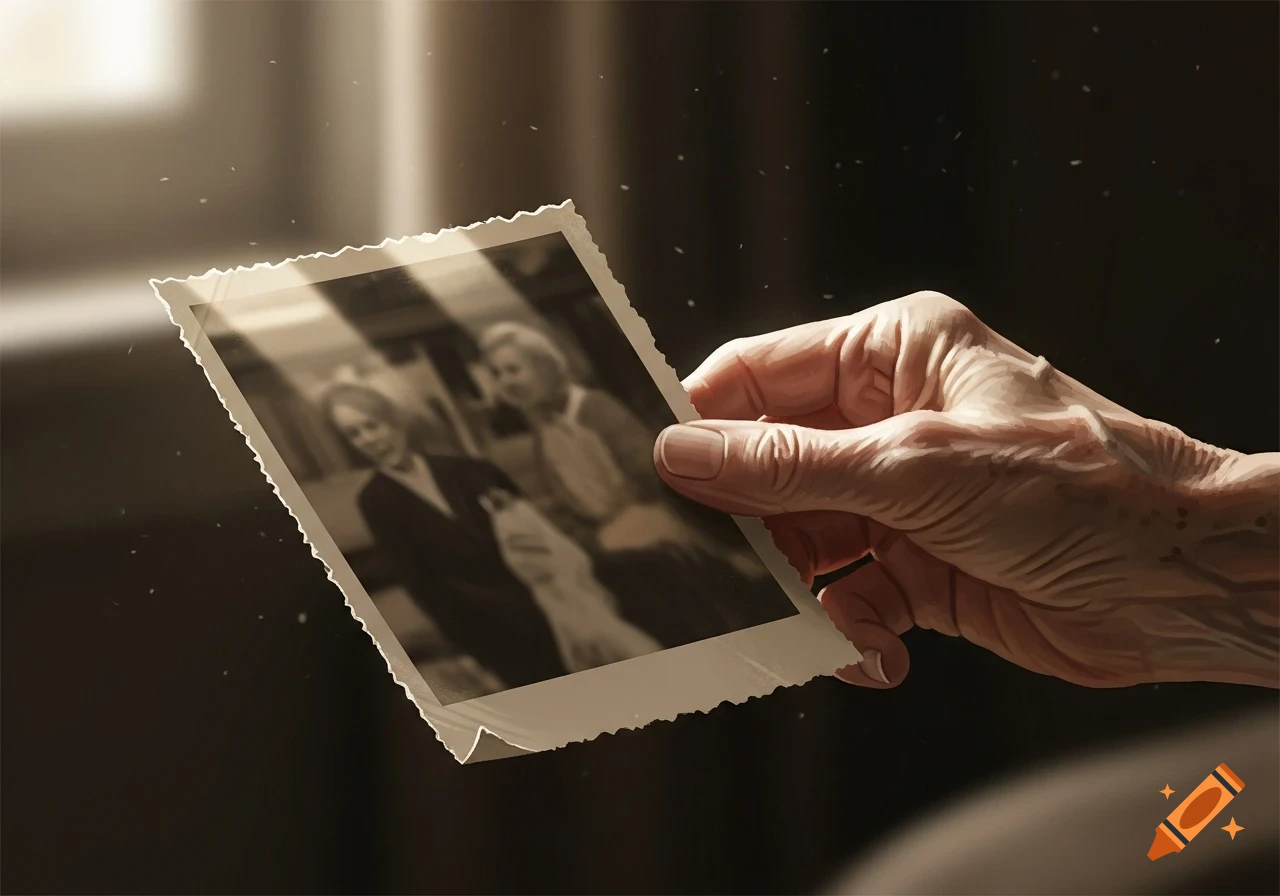 An aged, wrinkled hand holds a sepia-toned, ragged-edged old photograph of two blurred women.