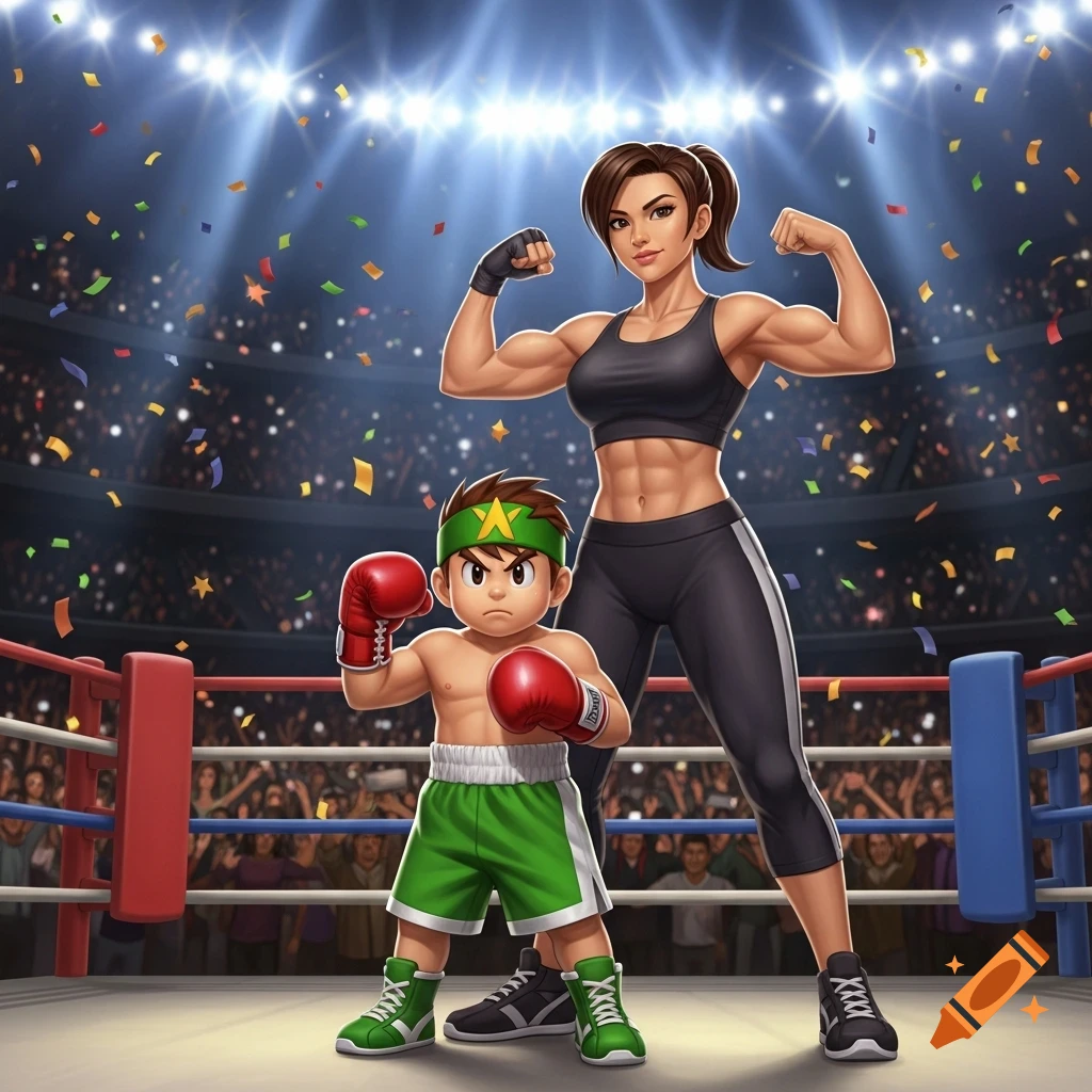A muscular woman flexing beside a boy in boxing gloves posing in a brightly lit arena with confetti, in anime style.