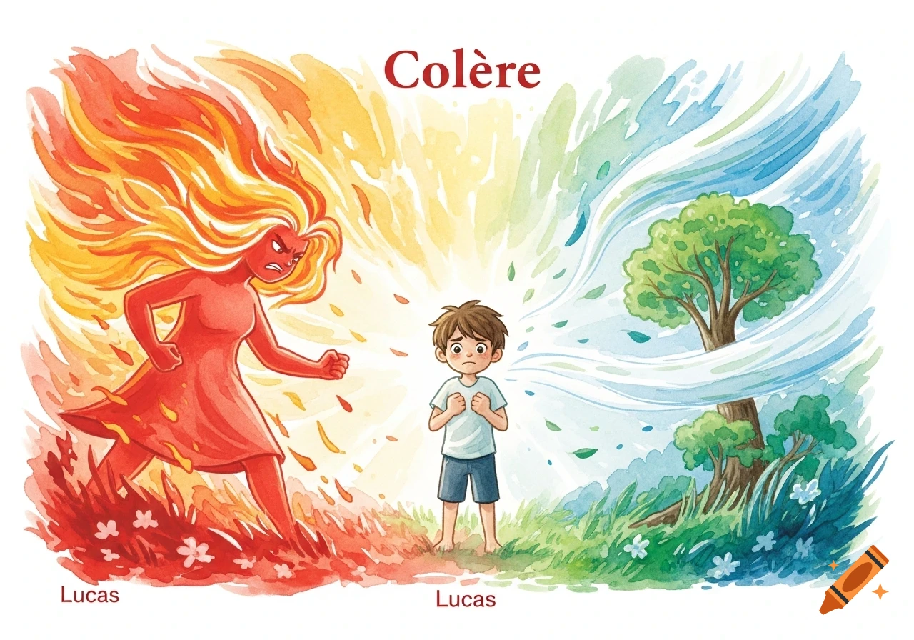 Watercolor illustration of a boy facing a fiery, angry woman personifying "Anger" on one side, and a calm, green landscape on the other.