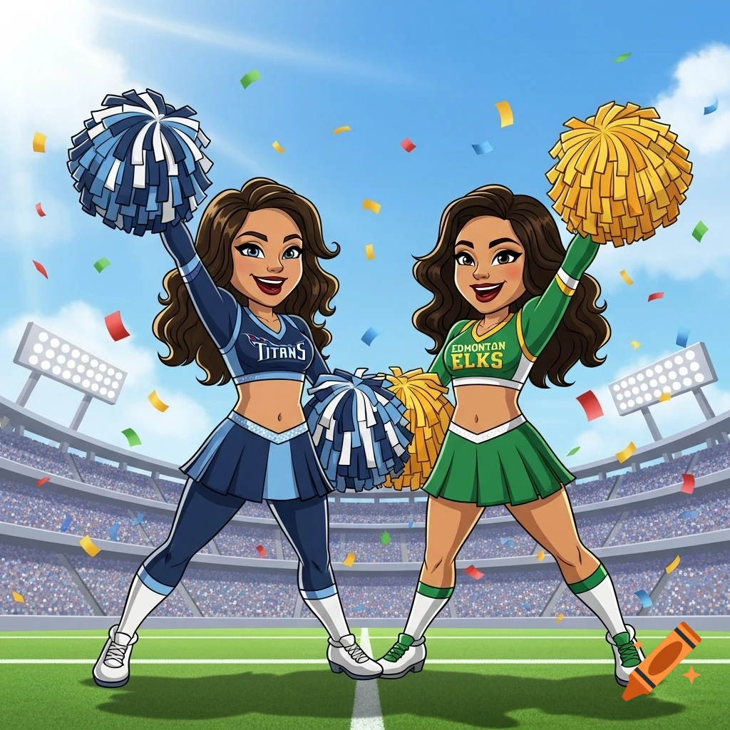 Cartoon image of two cheerleaders, one in a blue Titans uniform and one in a green Edmonton Elks uniform, posing in a stadium with confetti.