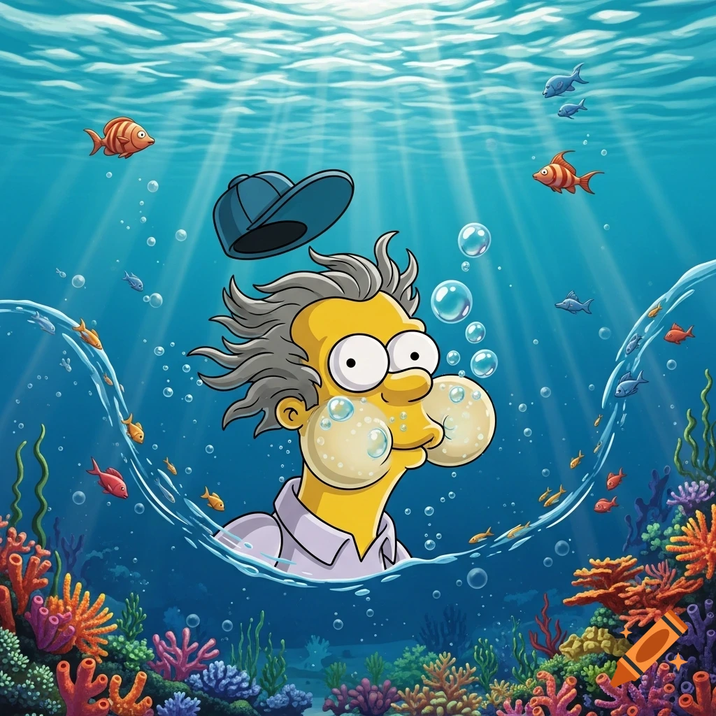 Otto Mann from The Simpsons underwater with puffed cheeks, surrounded by fish and coral, in a vibrant cartoon style.