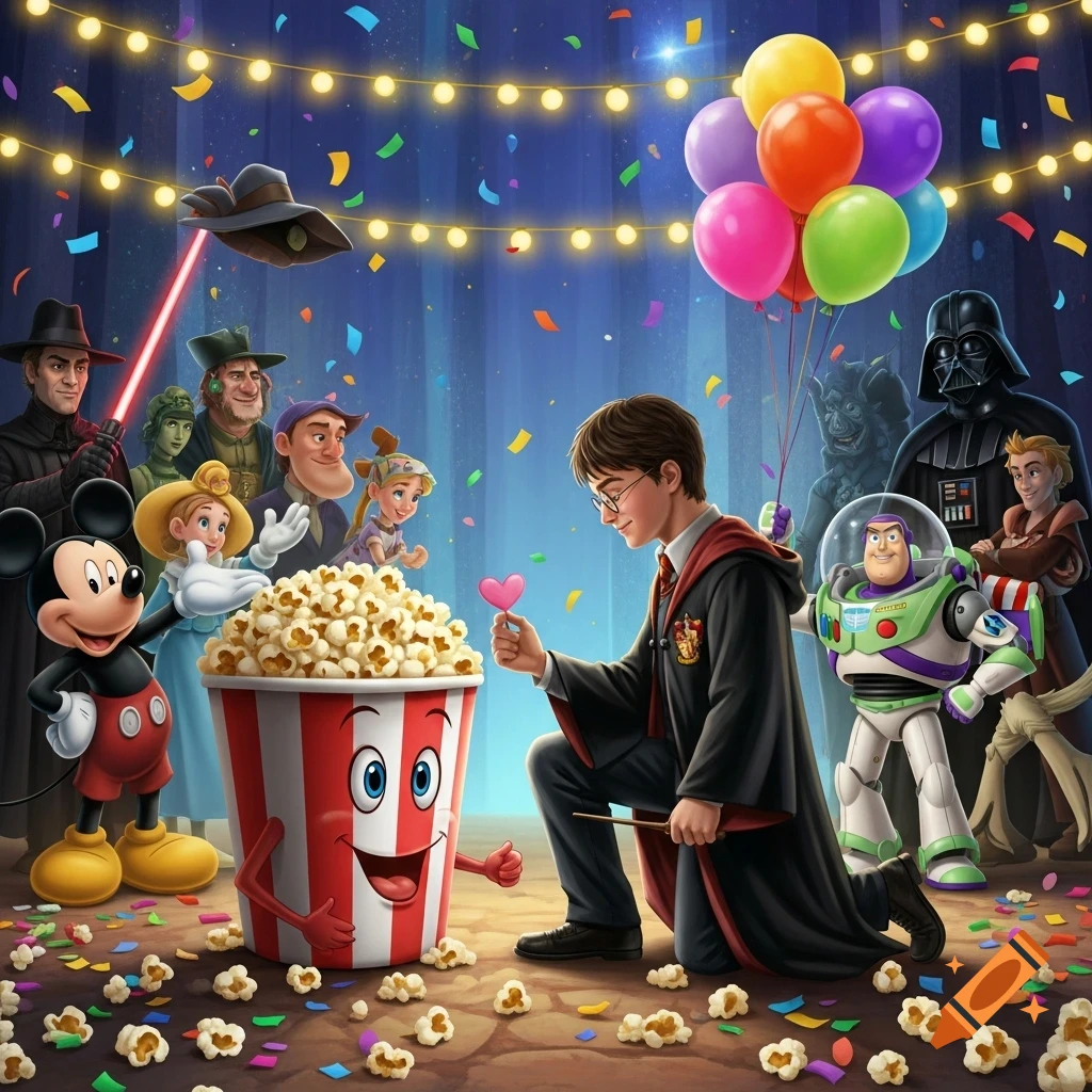 Harry Potter proposes to a sentient popcorn bucket with a heart lollipop, surrounded by film and cartoon characters like Mickey Mouse and Darth Vader, amidst confetti.