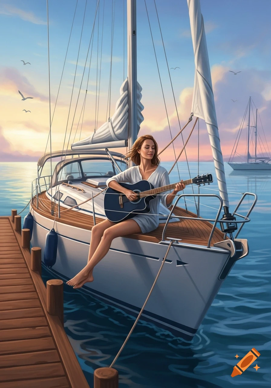A young woman playing an acoustic guitar while sitting on the bow of a sailboat docked at a pier at sunset.