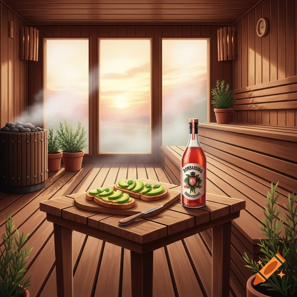 Avocado toast and Bombardino bottle on a wooden table in a sauna with a sunset view.