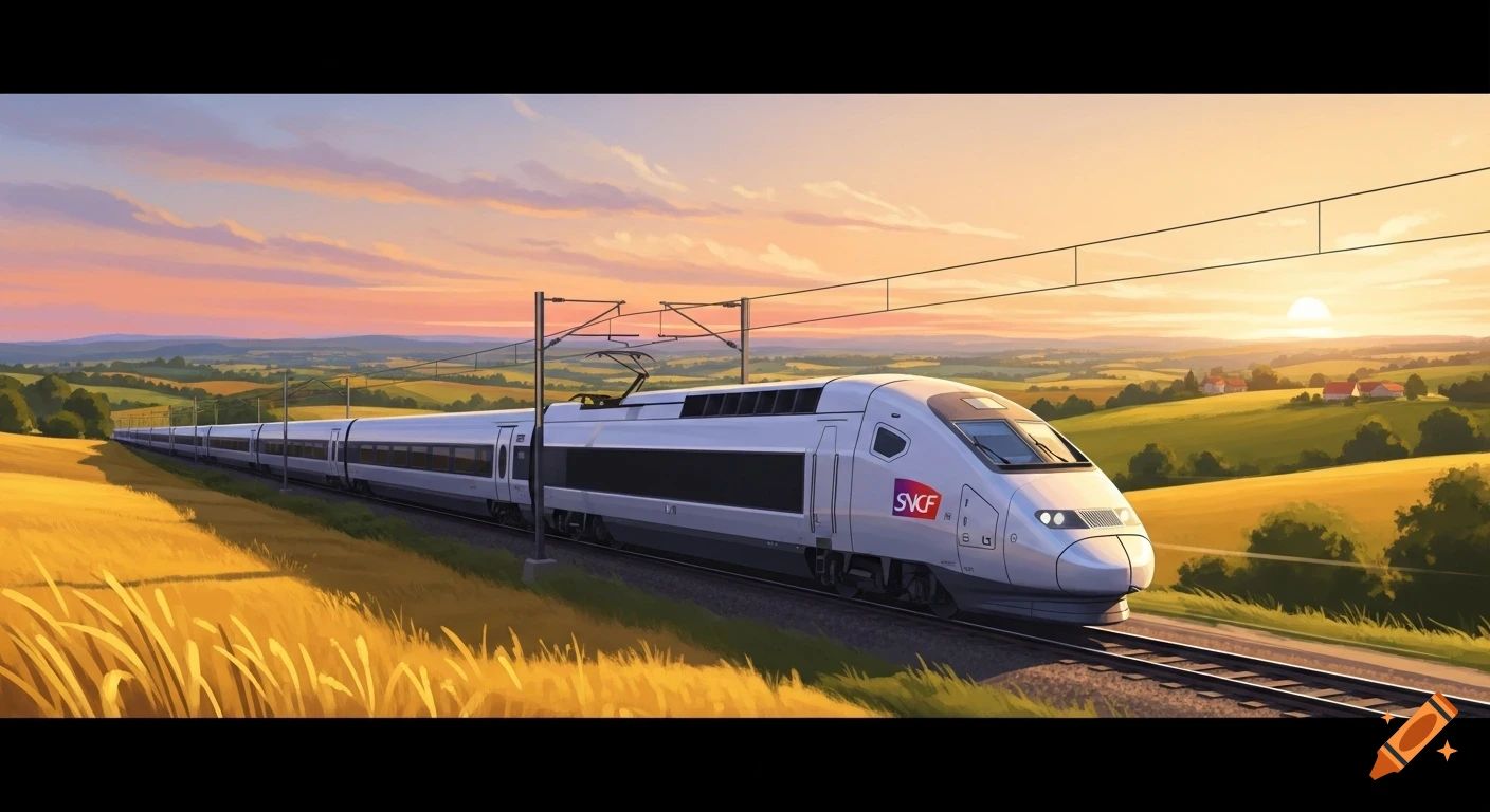 A white TGV high-speed train travels through golden fields with green hills under a vibrant sunset sky, in an illustrative style.