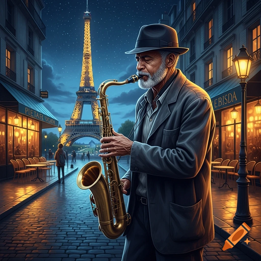 A bearded jazzman plays a saxophone on a cobblestone street in Paris at night, with the illuminated Eiffel Tower in the background.