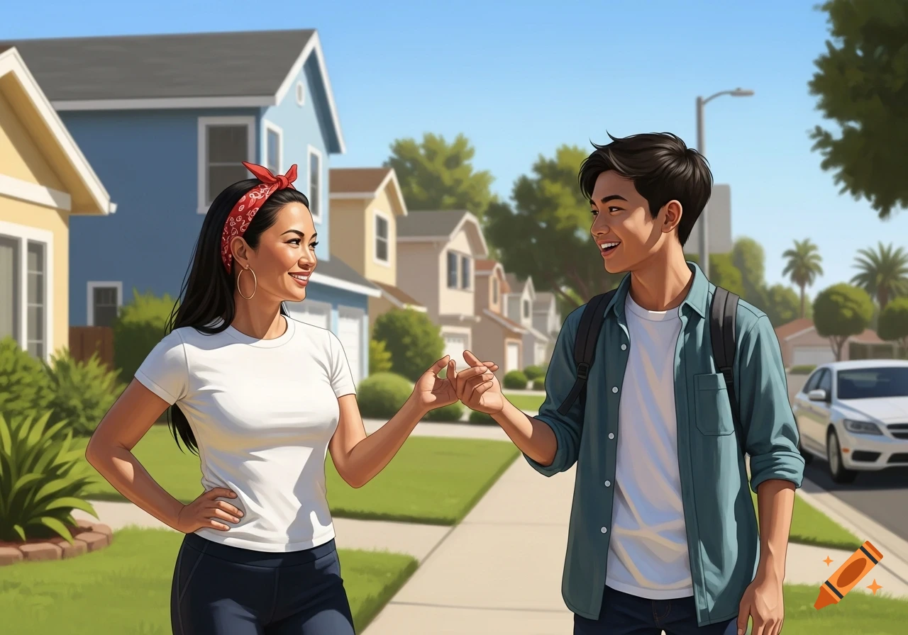 A smiling woman and man make a pinky promise on a suburban sidewalk, with houses and trees in the background, in a digital art style.