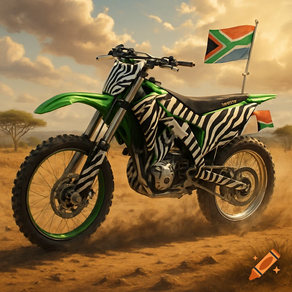 A green and zebra-striped dirt bike kicks up dust on a sandy plain with an acacia tree and a South African flag under a cloudy sky.