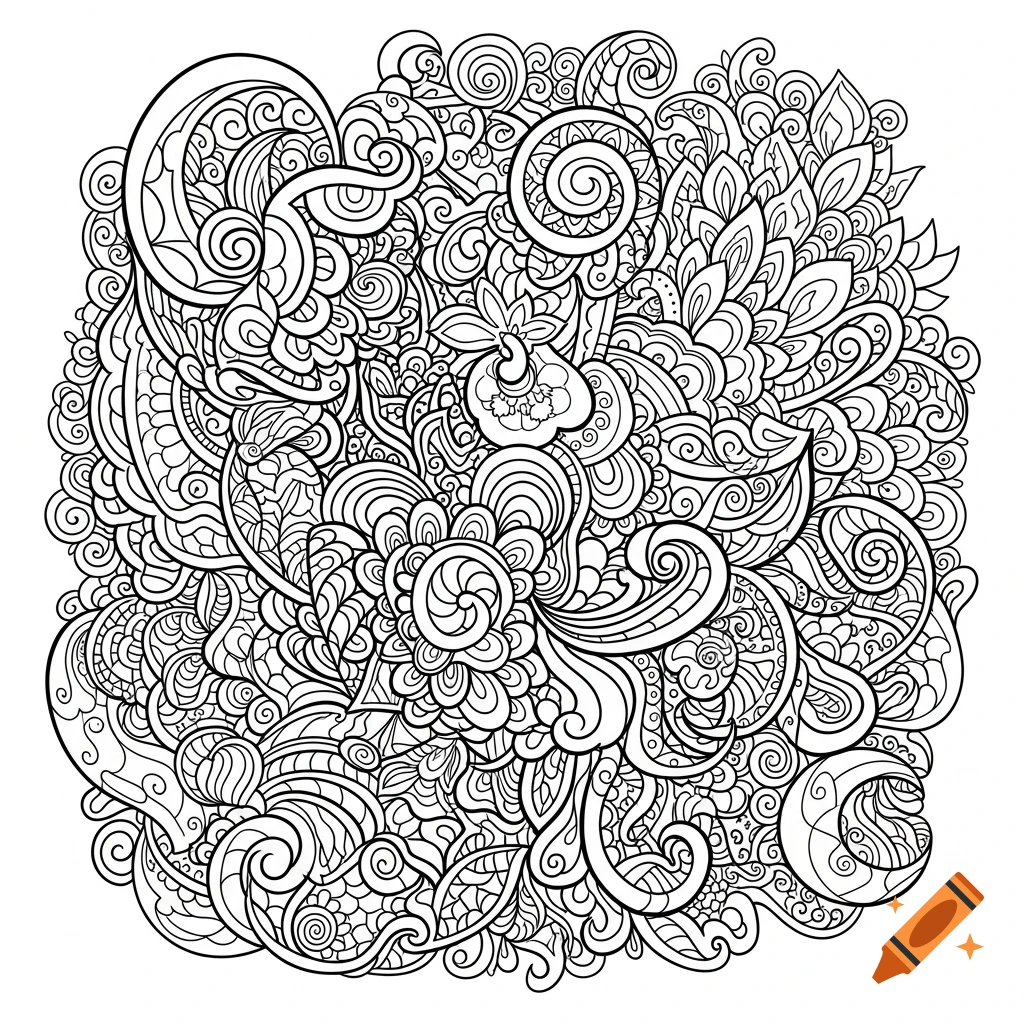 Detailed black and white psychedelic abstract line art forming a complex pattern for a coloring page.