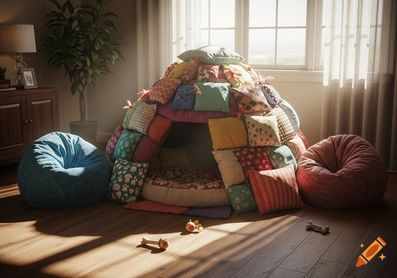 A cozy dog fort made of colorful pillows and blankets, with two beanbag chairs and dog toys on a wooden floor, bathed in warm sunlight.