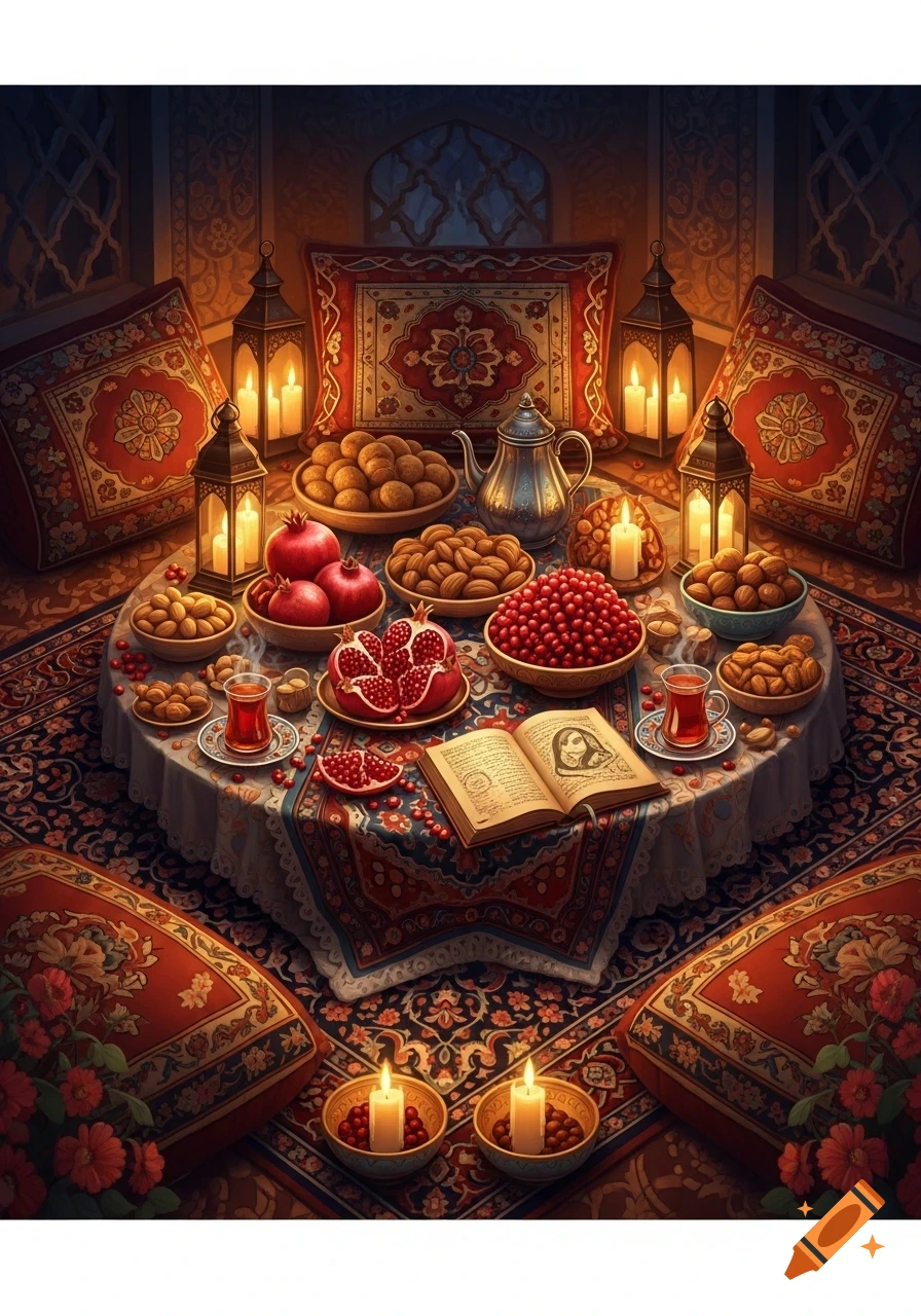 A vibrant, detailed scene of a traditional Persian Yalda Night celebration with pomegranates, nuts, lanterns, and an open book on a richly decorated table.