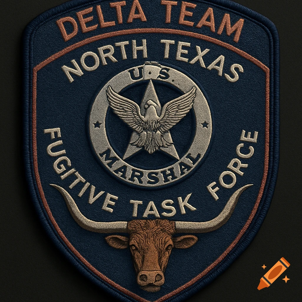 Embroidered dark blue law enforcement patch with a longhorn head, eagle in a star, and text: Delta Team North Texas U.S. Marshal Fugitive Task Force.