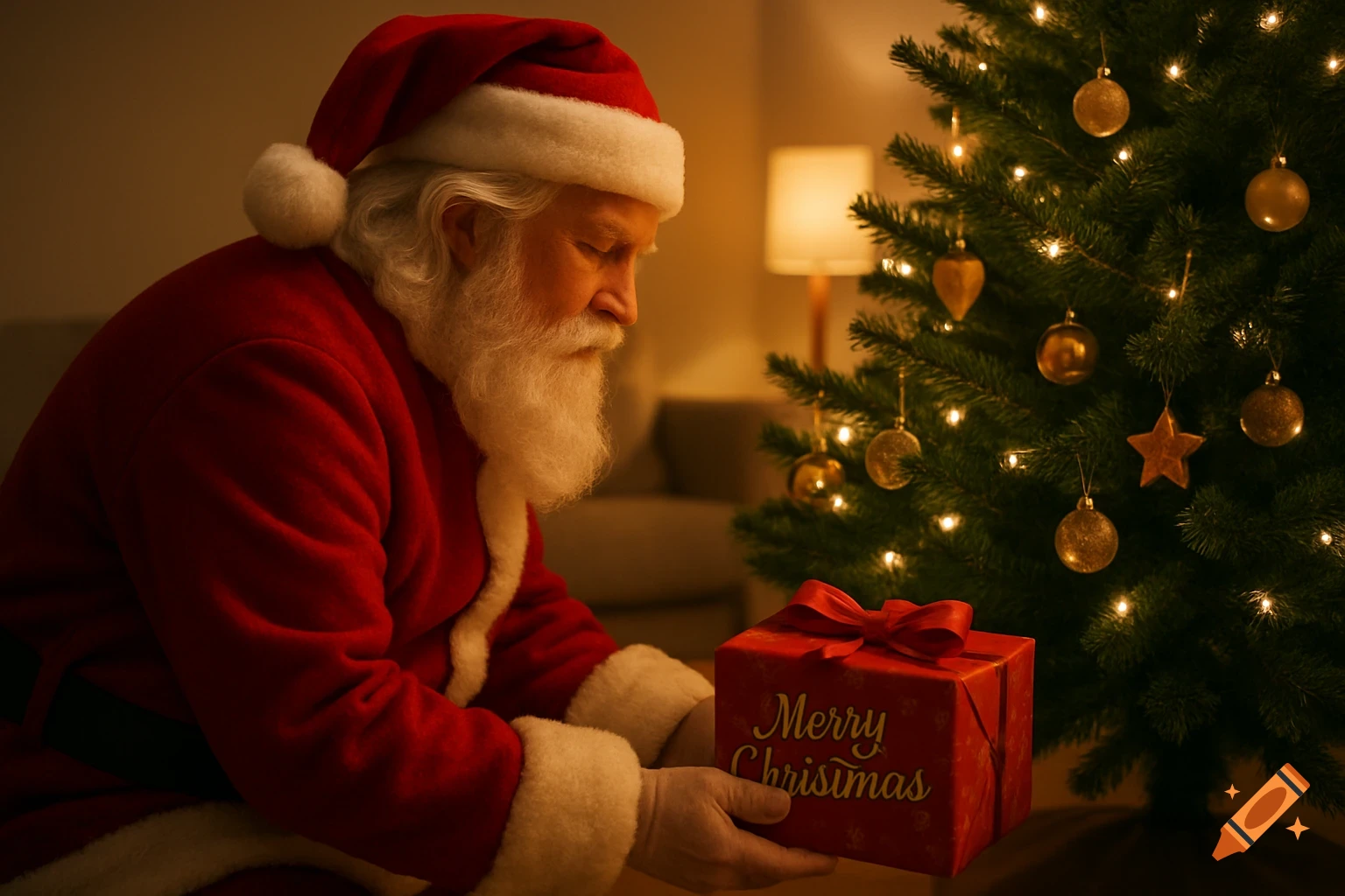 Photorealistic Santa Claus gently placing a red "Merry Christmas" gift in front of a warm, lit Christmas tree in a cozy room at night.