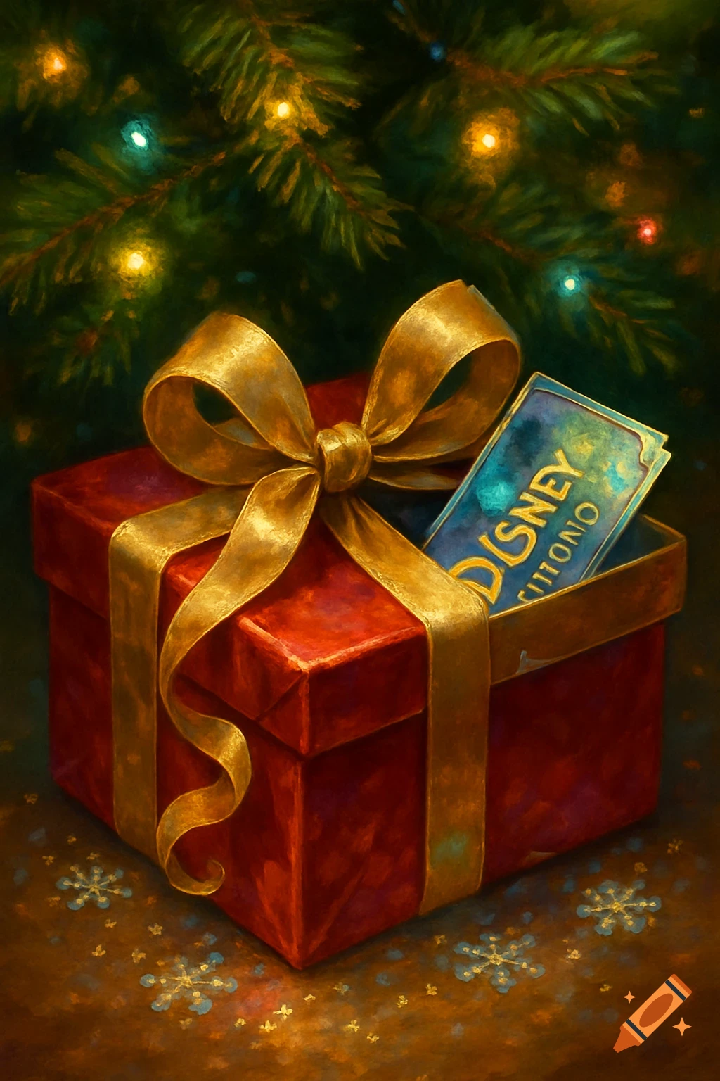 Painterly rendering of a red Christmas gift box with a gold ribbon, a blue Disney ticket inside, under a lighted Christmas tree.