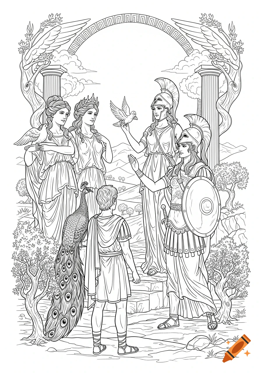 A black and white line drawing depicts four classical goddesses and a man, with a peacock and doves, set against an ancient Greek landscape.