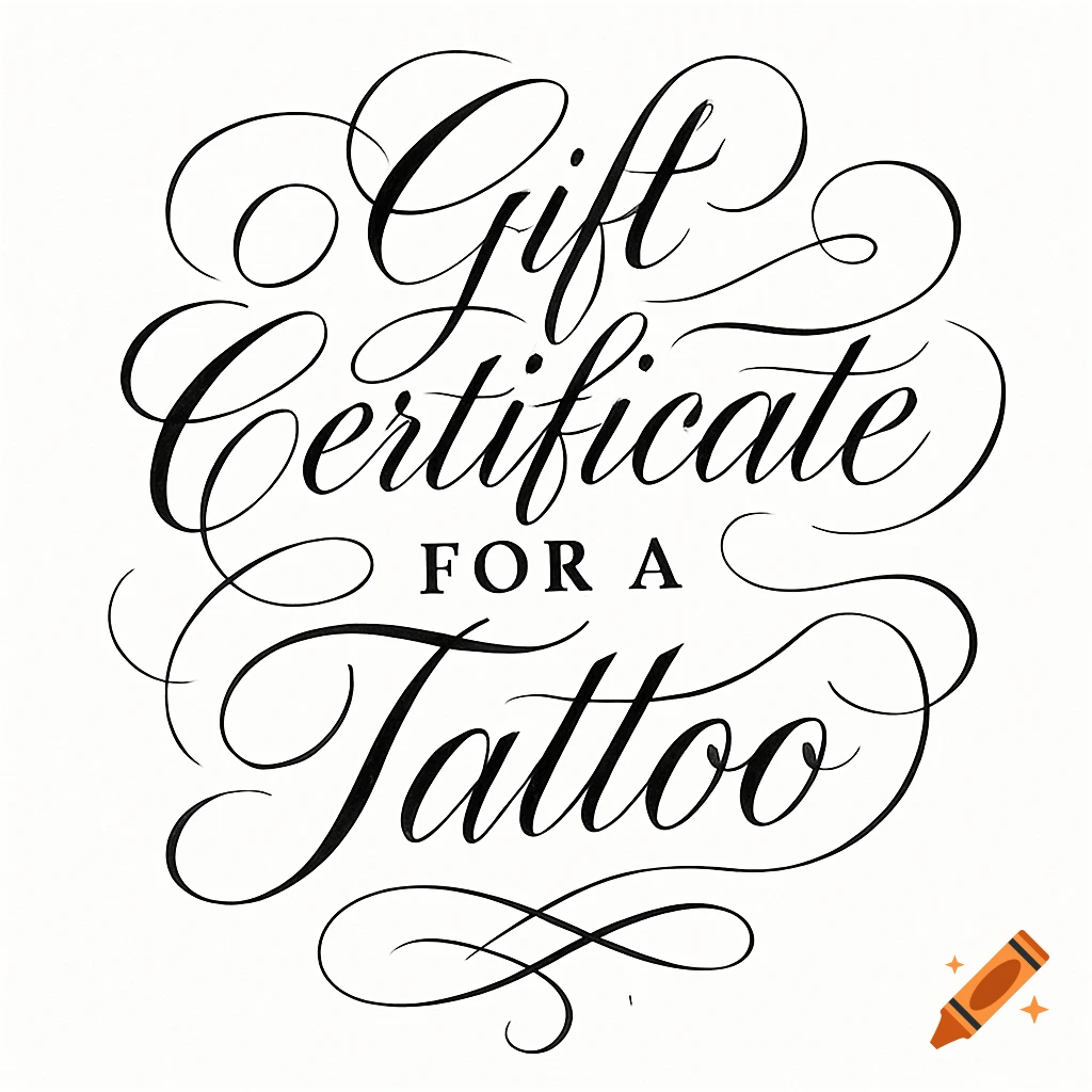 Elegant black calligraphy reads 'Gift Certificate FOR A Tattoo' on a white background with decorative swirls.
