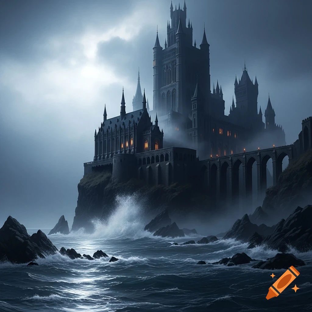A grand, dark, gothic castle stands on a rocky cliff by a stormy, misty ...