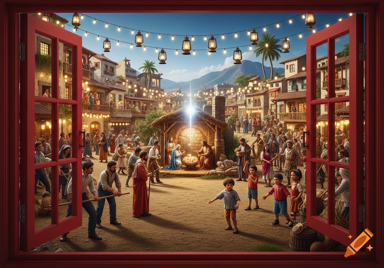 Photorealistic view through a red open window of a crowded village square with a glowing nativity scene at its center.
