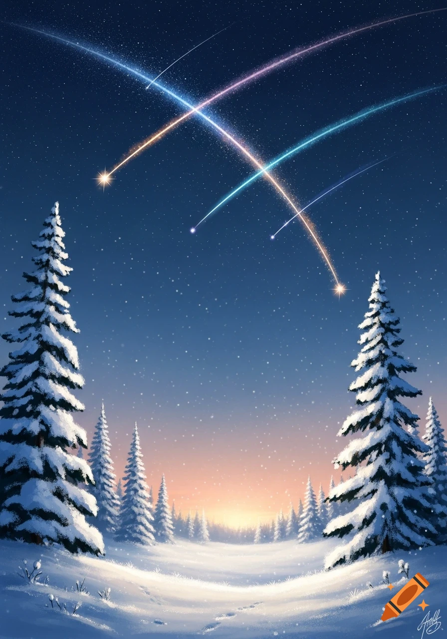 Stylized winter landscape with snow-covered pine trees under a dark starry sky with bright, colorful shooting stars.
