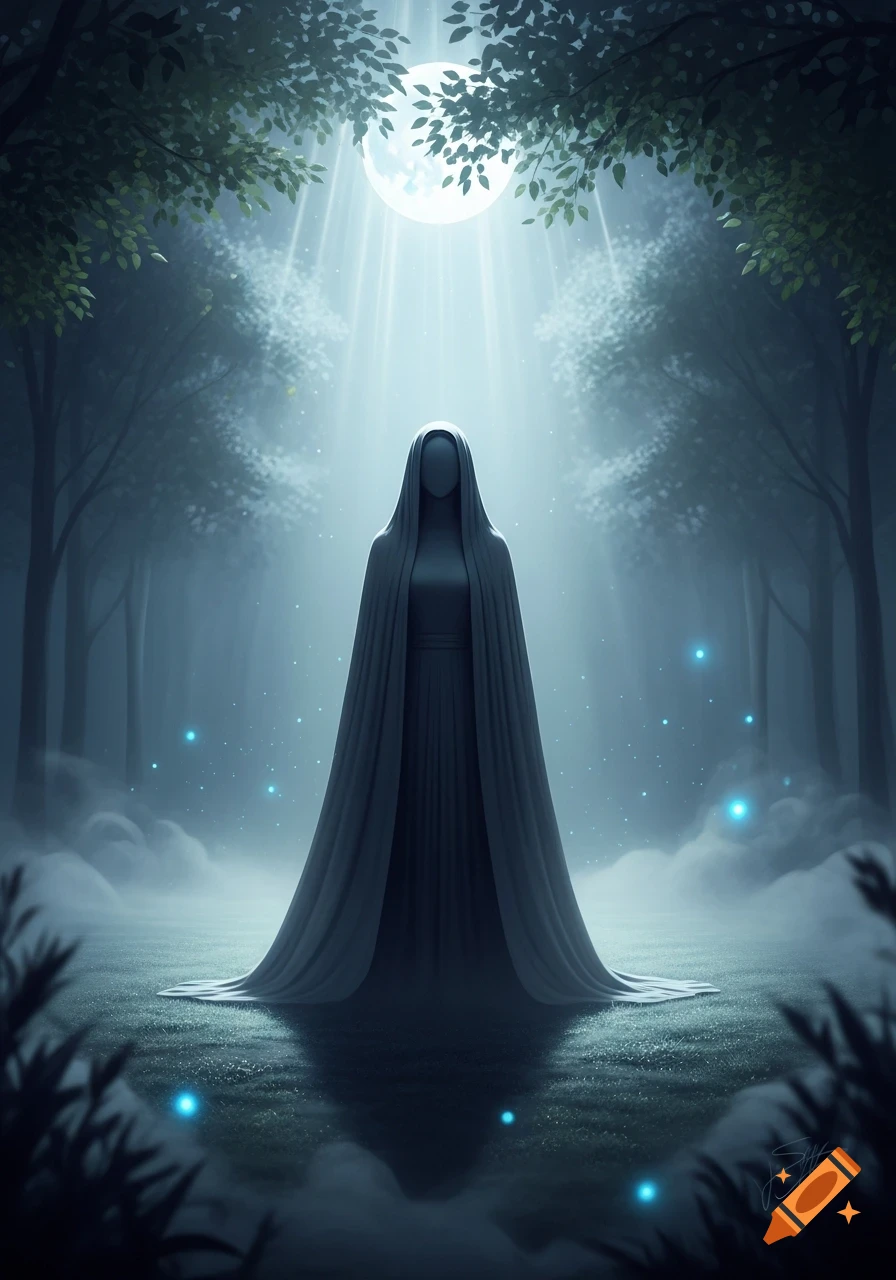 A cloaked, faceless figure stands in a moonlit, misty forest with glowing blue orbs.