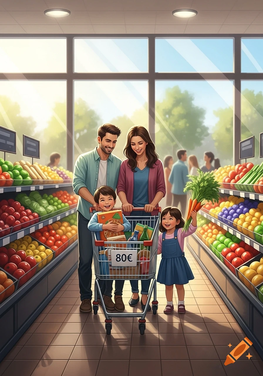 A happy animated family grocery shopping in a brightly lit supermarket. A boy sits in the cart, a girl holds carrots, and parents push the cart, which has a sign displaying "80€".