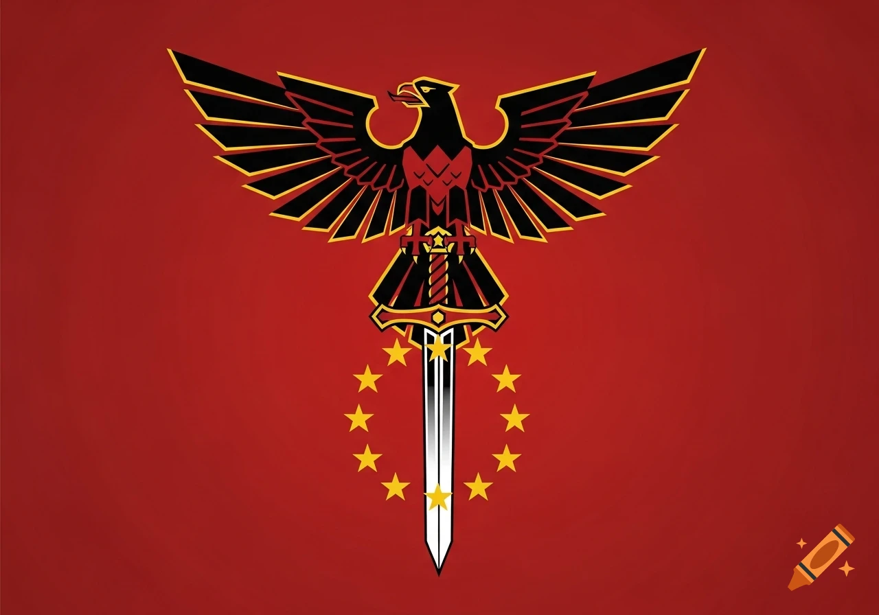 A stylized black and gold eagle with outstretched wings hovers above a silver sword encircled by gold stars, on a red background.