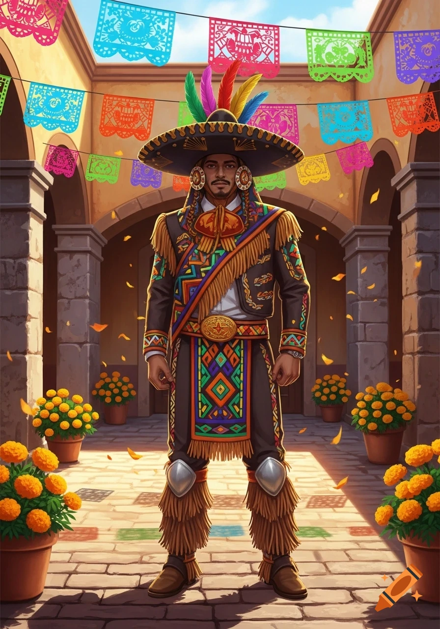 Man in elaborate traditional Mexican costume with a feathered sombrero, embroidered jacket, and fringed leg coverings in a festive courtyard with papel picado and marigolds.