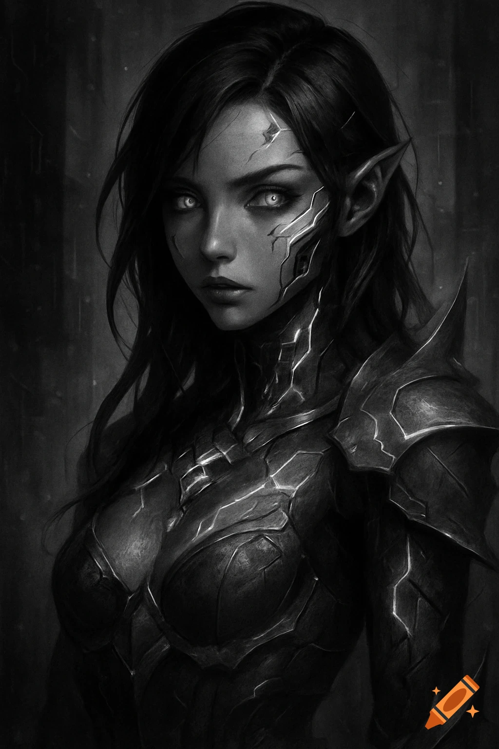 Black and white portrait of a female character with elven ears, glowing cybernetic patterns on her face, and detailed armor.