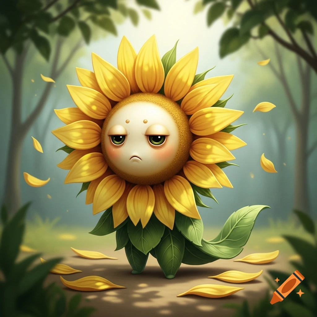 A cute, grumpy sunflower creature with a white face, yellow petals, and green leaf legs and tail stands in a soft forest setting with falling petals.