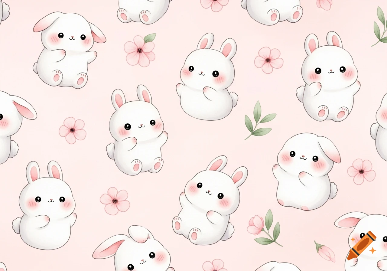 A seamless baby pink watercolor pattern featuring fluffy white kawaii bunnies with blush cheeks and small pink flowers.