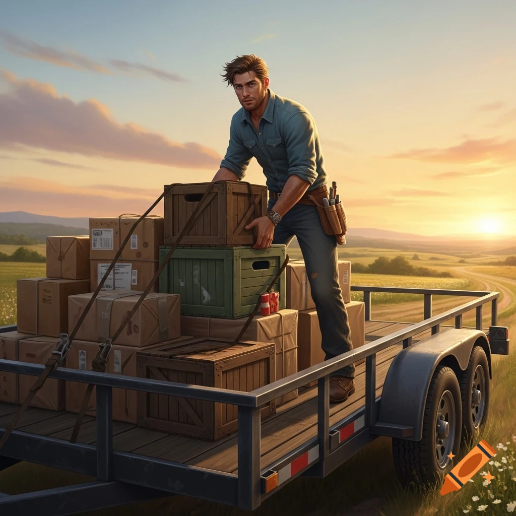 A young man loads boxes onto a flatbed trailer in a rural field at sunset, with a winding road in the background.