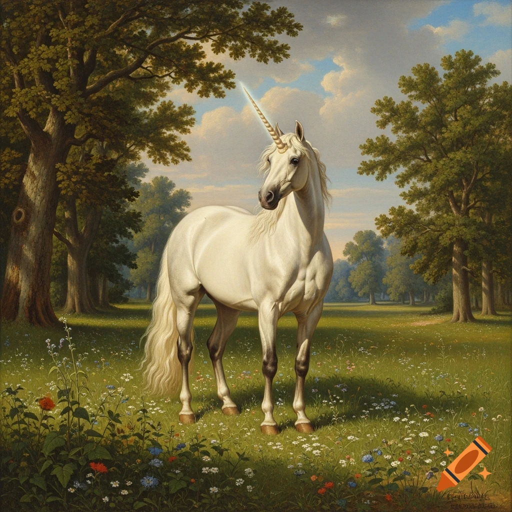 A white unicorn stands in a sunlit, wildflower-filled meadow with large trees under a cloudy sky, painted in a classical style.