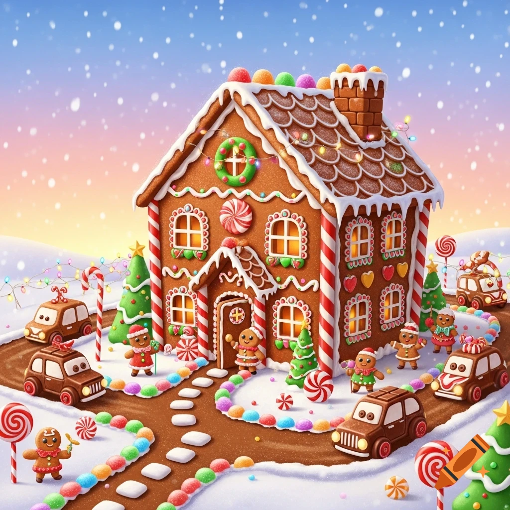 A vibrant gingerbread house in a snowy, candy-decorated landscape, with gingerbread people and cars.