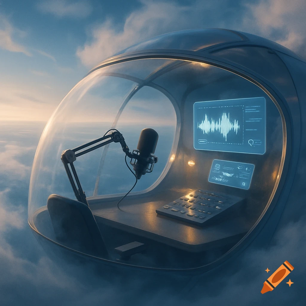 A futuristic podcast studio inside a clear dome high above the clouds, with a microphone, console, and screens displaying waveforms.