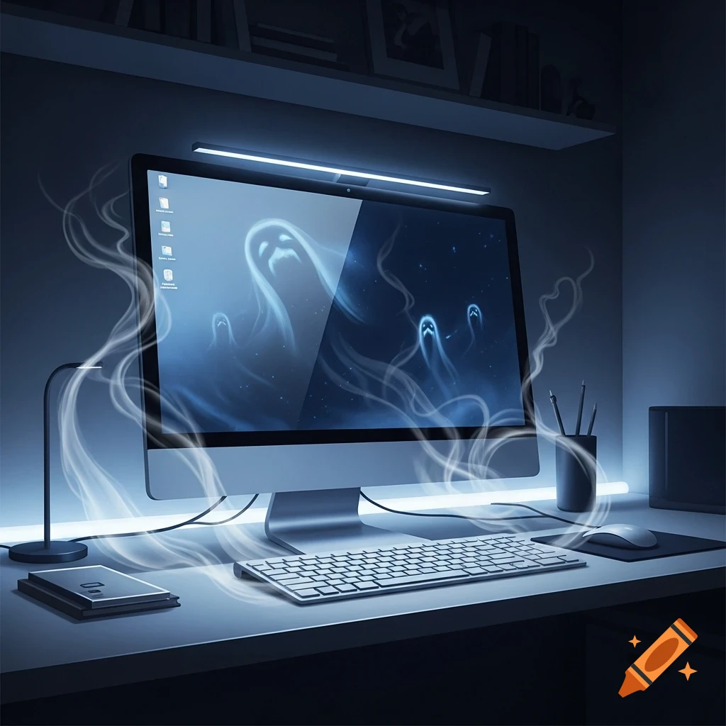 A dark computer desk setup with a monitor displaying blue, ethereal ghost figures as wallpaper. Wispy white smoke swirls around the monitor, keyboard, and mouse, illuminated by a monitor light and desk lamp.