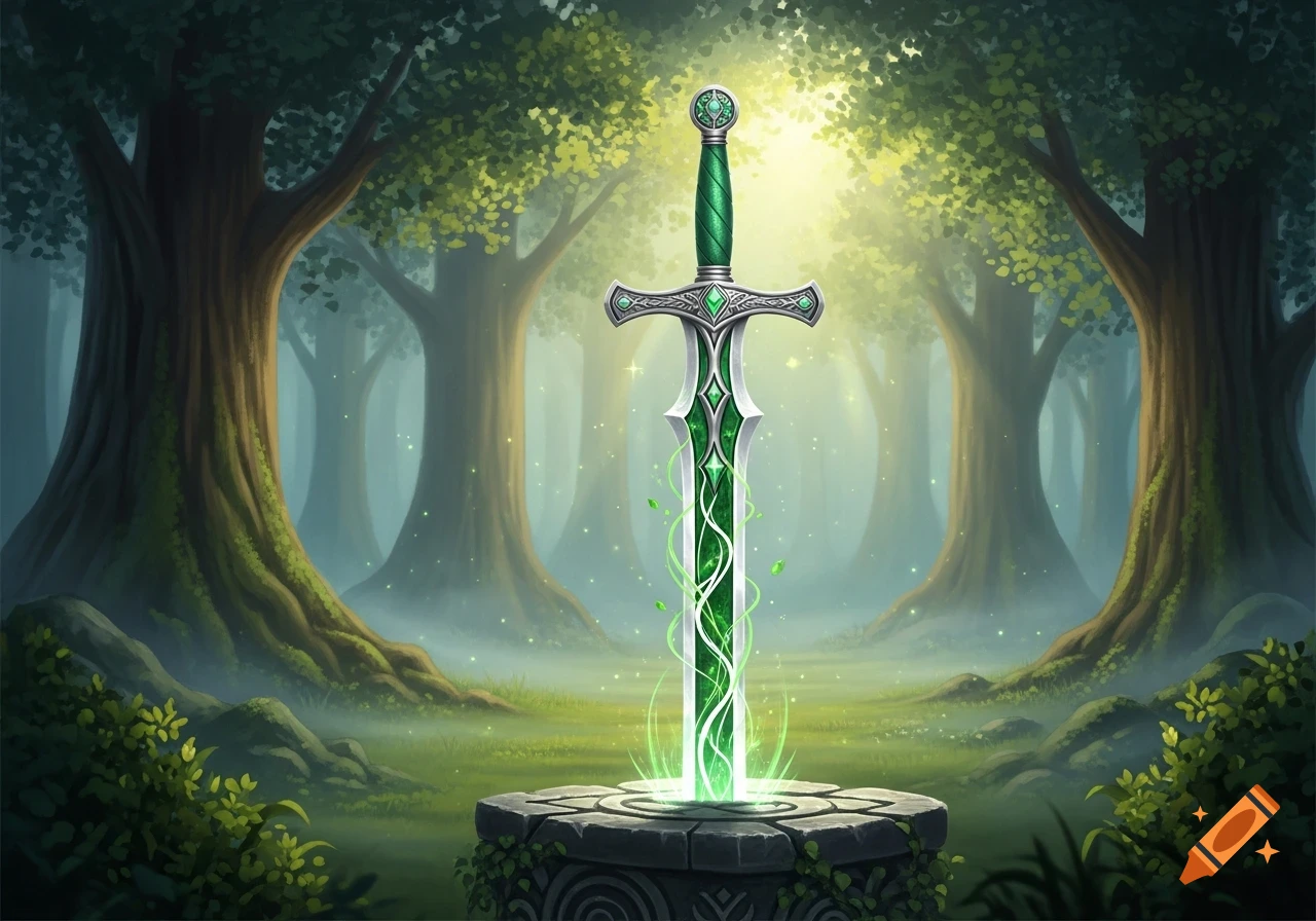A glowing green and silver fantasy sword stands upright on a stone pedestal in a magical, misty forest, rendered in a stylized illustration.
