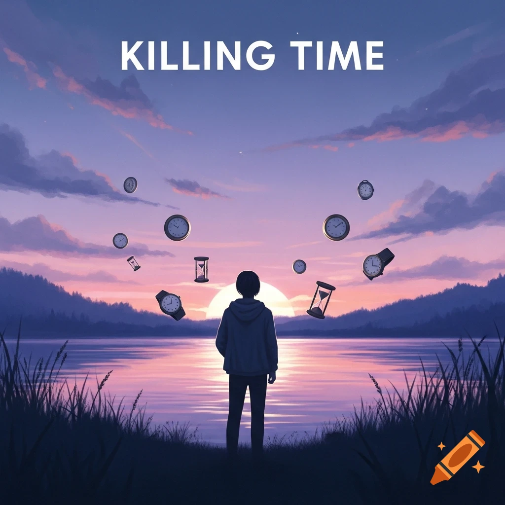 Anime illustration of a person watching a sunset over a lake with floating clocks and hourglasses, titled 'KILLING TIME'.