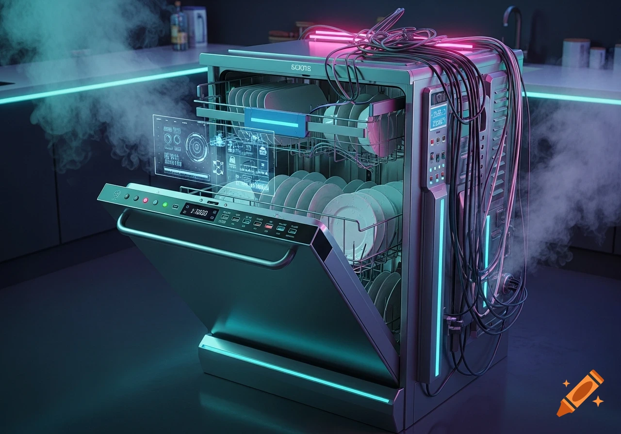A futuristic, cyberpunk dishwasher with neon lights, exposed wires, an open door, glowing holographic displays, and steam.