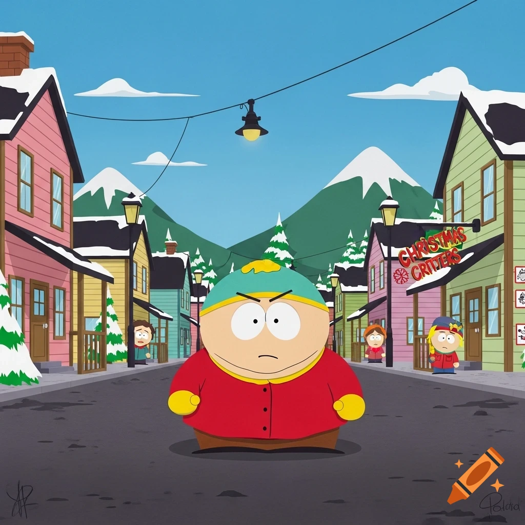 Angry Eric Cartman in a snowy South Park street, with colorful buildings and other characters, in a cartoon style.