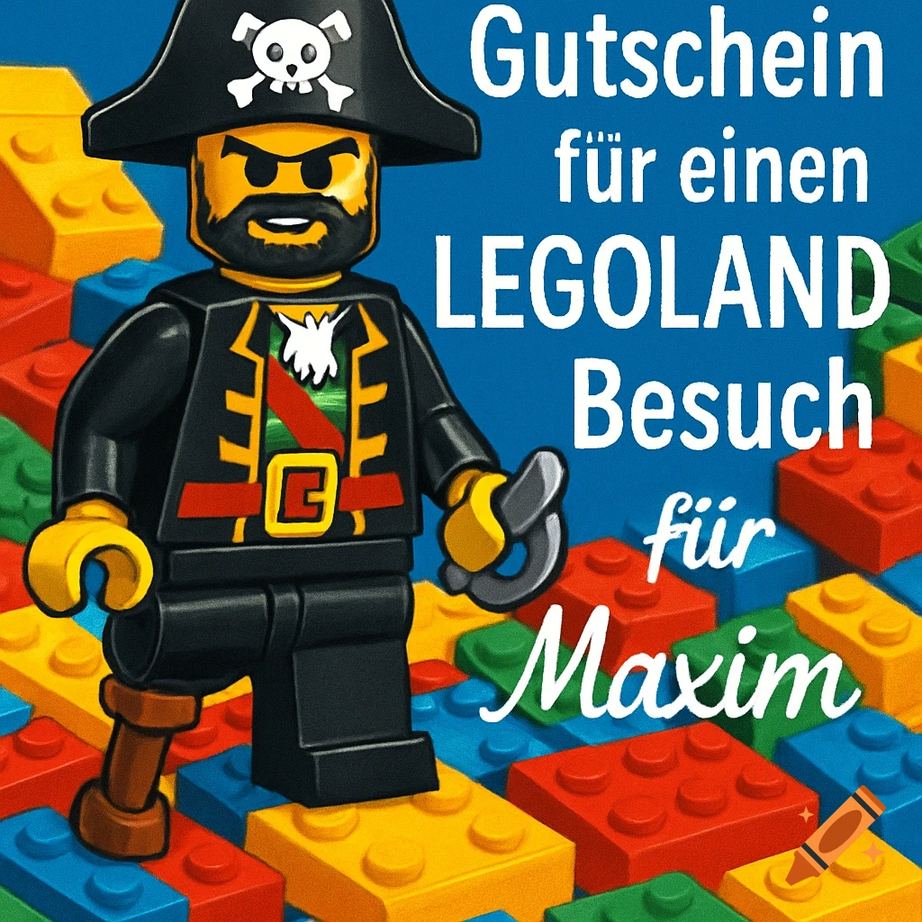 A Lego pirate minifigure on colorful Lego bricks with text: 'Gutschein f r einen LEGOLAND Besuch f r Maxim'.