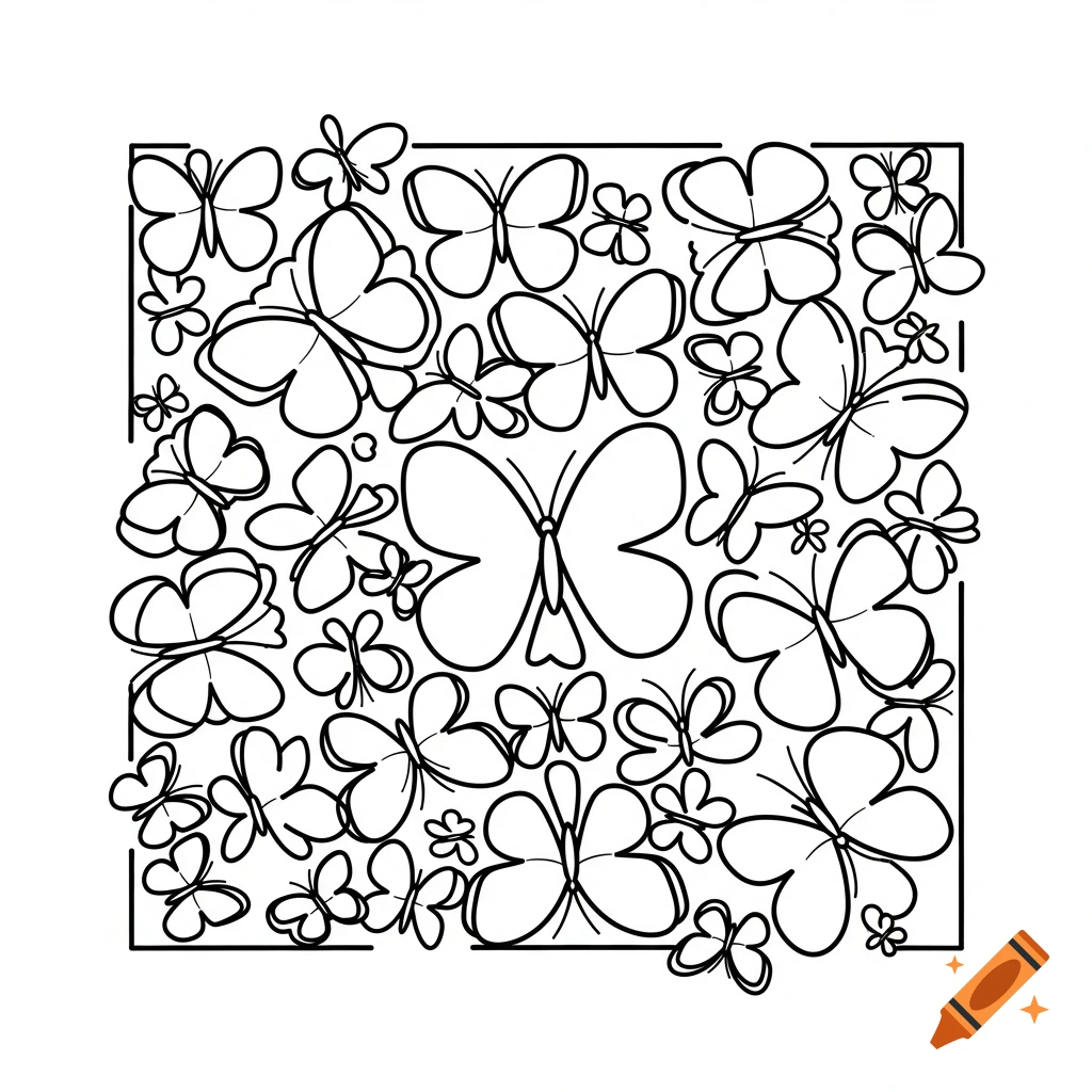 Black and white line art drawing of numerous butterflies of varying sizes, overlapping and contained within a square frame.